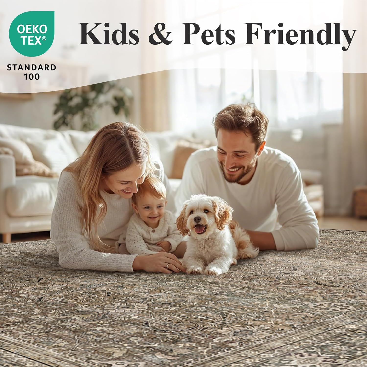 Schweek 8x10 Washable Area Rug Brown Neutral Vintage Distressed Rugs Large Non-Slip Living Room Area Rugs, Soft Low Pile Carpet Indoor Mat Throw Rug for Bedroom Dining Room Office Nursery