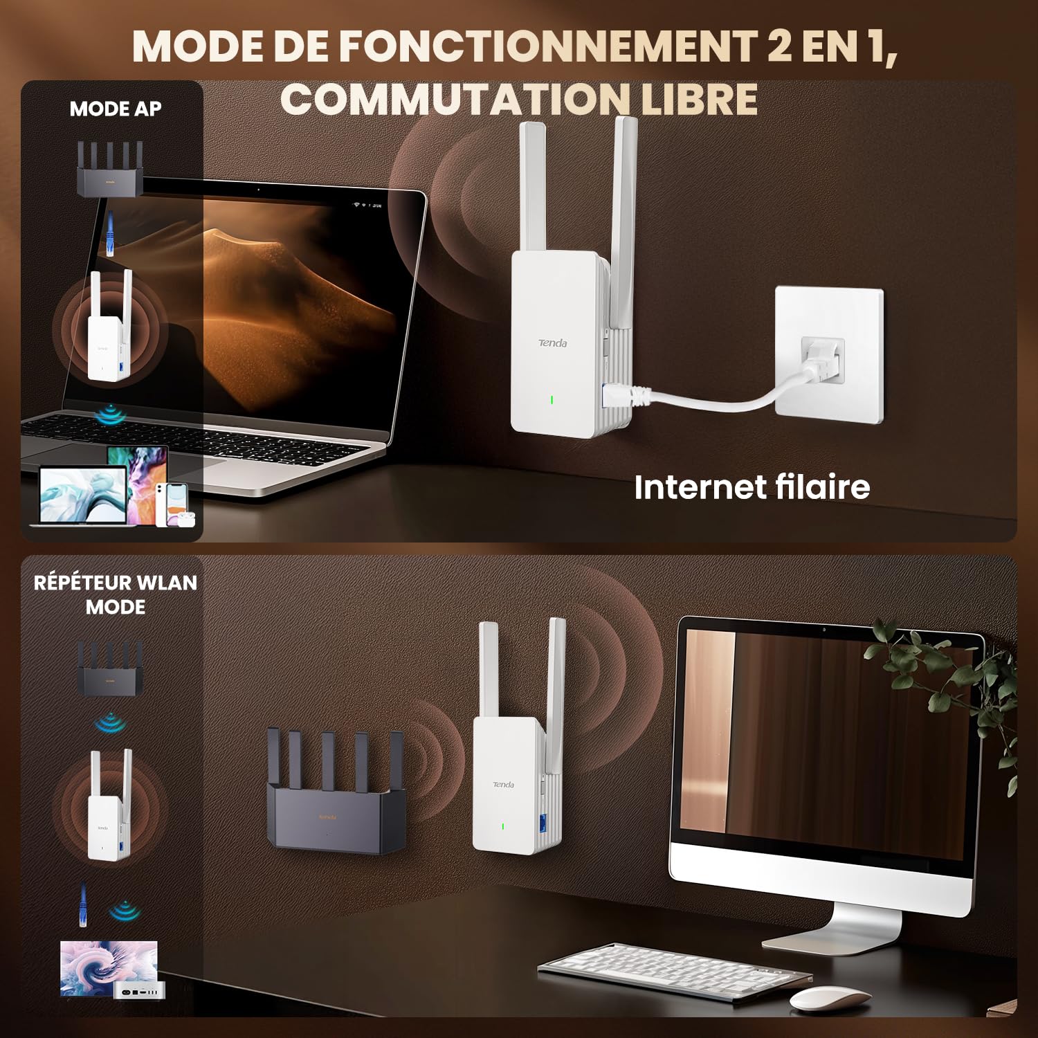 Tenda A23 Répéteur WiFi 6 AX1500, Extenseur WiFi Bi-Bande, Port Gigabit, Antennes 2 x 5dBi, LED de Signal Intelligent, Installation Facile, WPA3