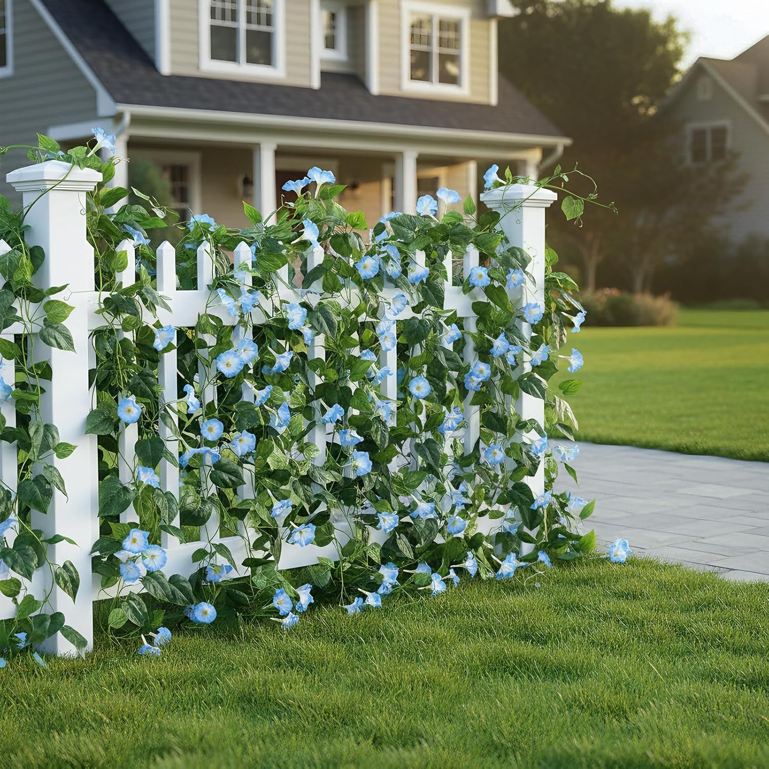 GTIDEA 4Pcs Fake Vines 30Feet Artificial Hanging Morning Glory Flower Garland Blue Faux Vines for Outdoors for Wall Fence Indoor Wedding Decor