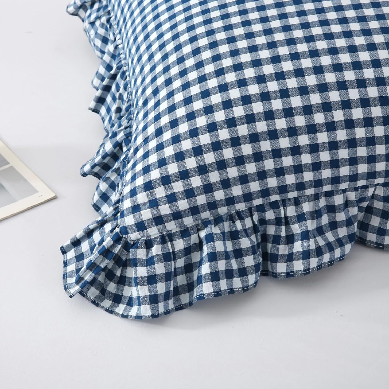 Mywinlle Navy Blue Plaid Ruffle Throw Pillow Covers 20"x20",2 Pack Vintage Checkered Decorative Washed Cotton Pillow Shams for Bed, Sofa, Living Room