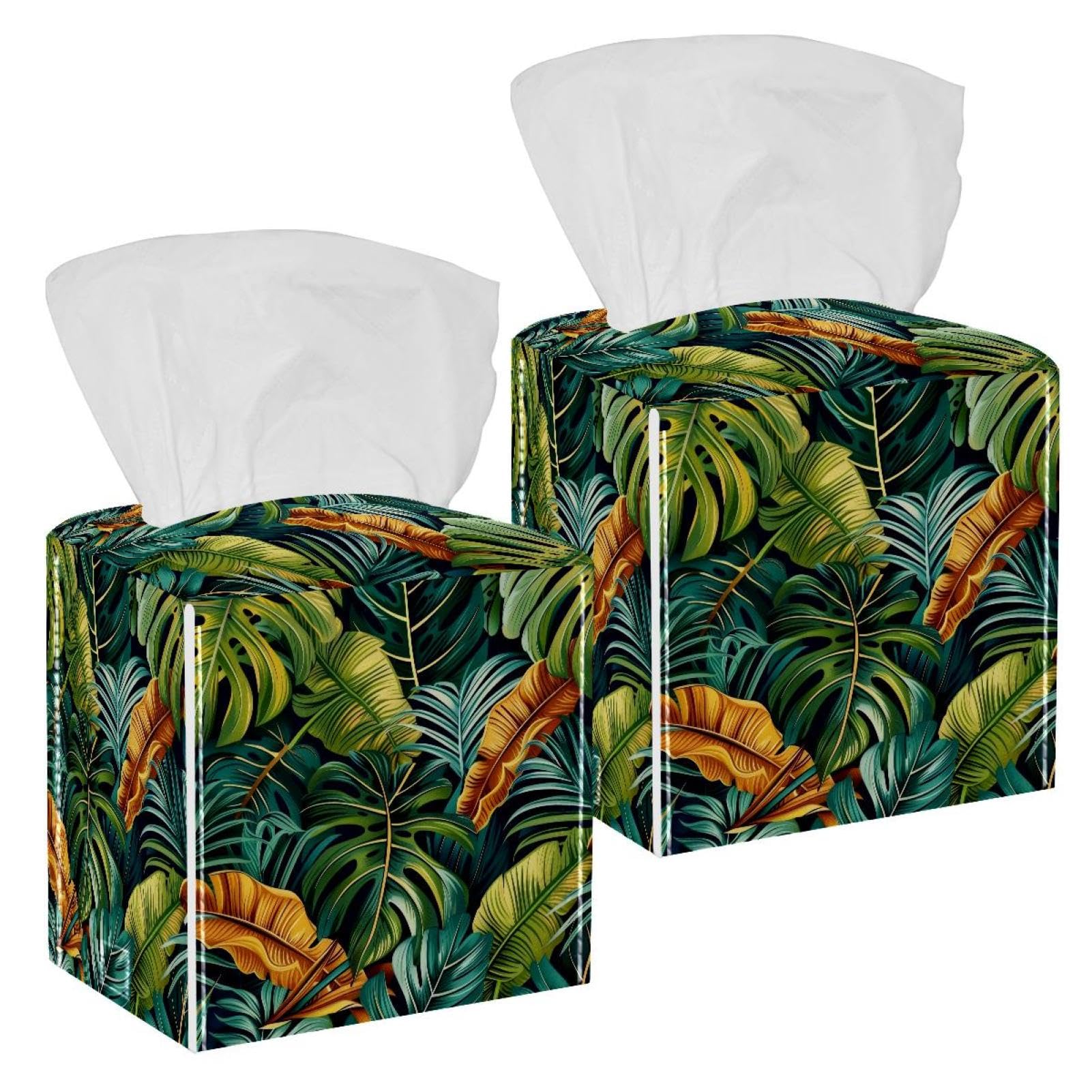 Tropical Palm Tissue Box Cover, 2 Pack PU Leather Square Facial Tissue Dispenser Box holder for Home Office Car