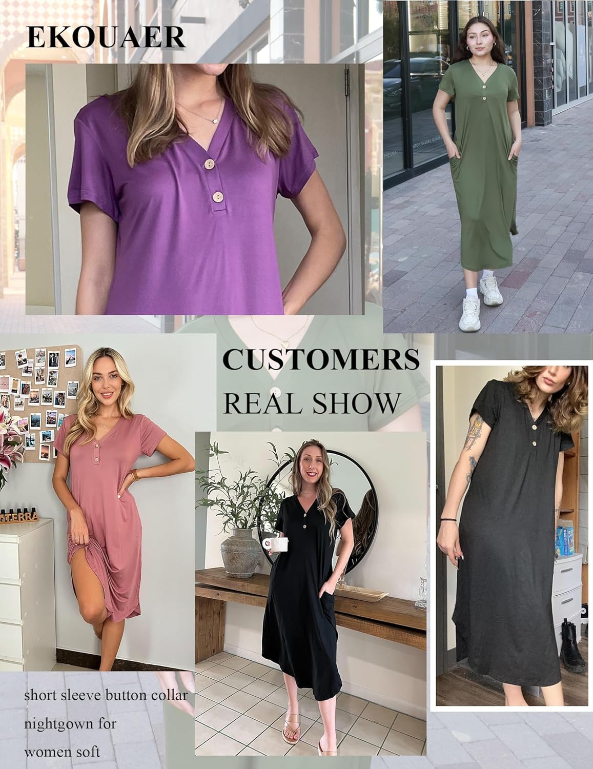 Ekouaer Long Nightgowns for Women Button Night Gowns Short Sleeve Sleepwear Full Length Sleep Shirts With Pockets S-2XL - Image 6
