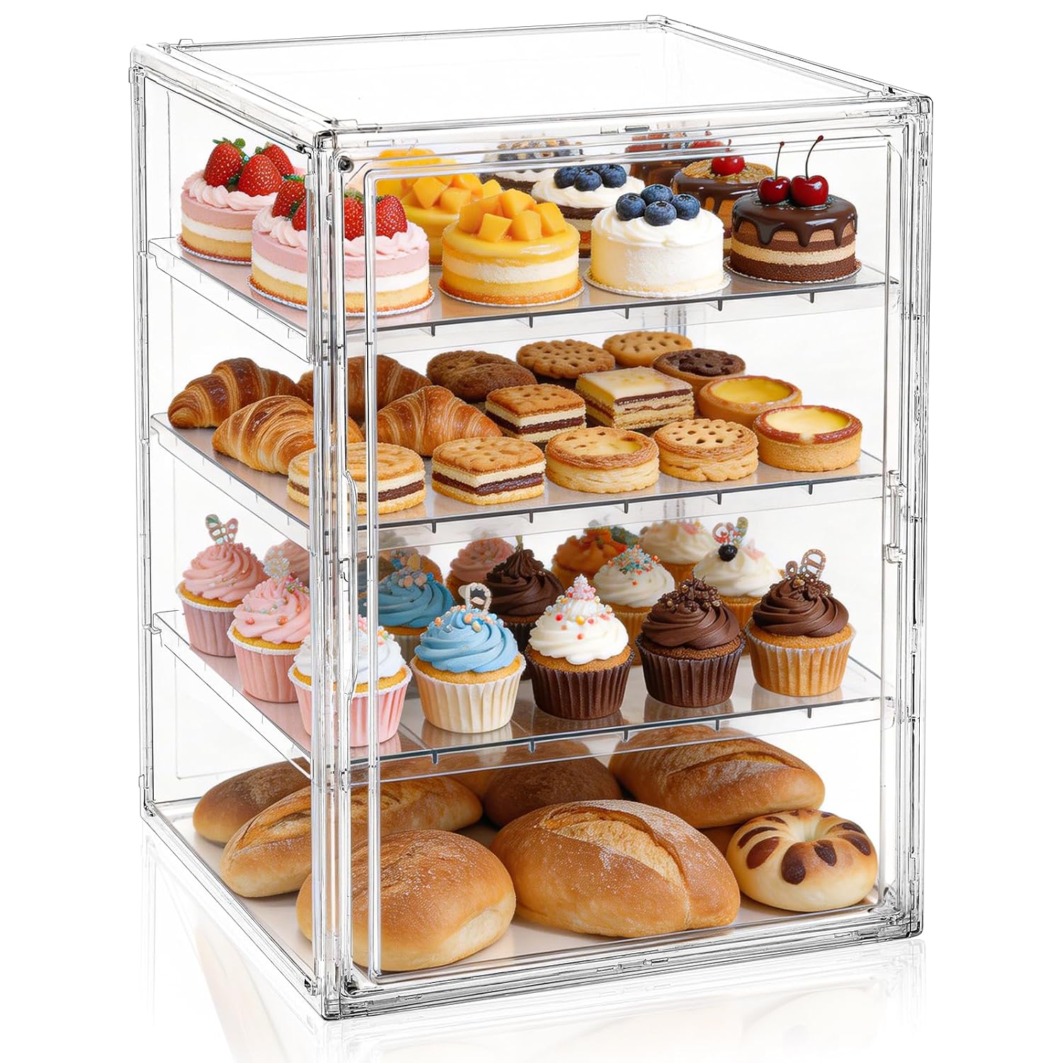 Ewen 4-Tier 13x13x17.7in Adjustable Bread Storage Container Large, 1PC Bakery Holder Dessert Box, Clear Display Cabinet for Kitchen Countertop, Cupcakes Fruits Cookies Display Case for Party Business
