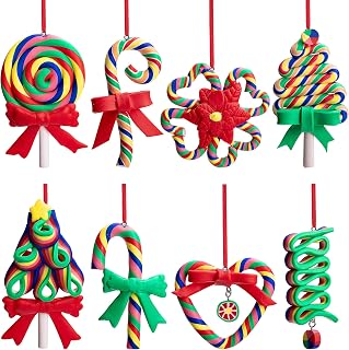 Codree 8 Pcs Rainbow Candy Cane Lollipop Ornaments - Hanging Polymer Clay Decorations for Christmas Tree, Xmas Party