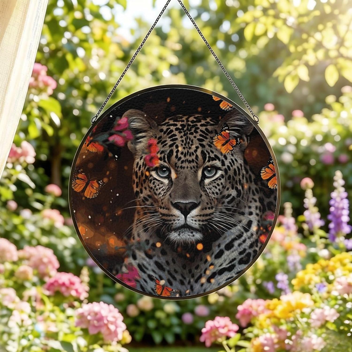 Stained Glass Hanging Sign Suncatcher, Leopard and Butterfly