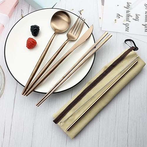Miniatura 32 de JASHII Juego de cubiertos reutilizables con cuchillo, tenedor, cuchara, palillos, 7 piezas de vajilla portátil de acero inoxidable 304 de viaje