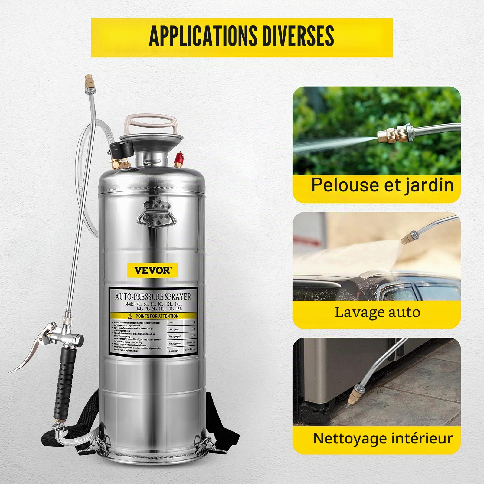 VEVOR Pulvérisateur 12L en Acier Inoxydable, pulvérisateur Manuel à Pompe, pulvérisateur de Jardin renforcé à Pression de 3,3 Pouces, pulvérisateur pour Jardinage Domestique et Nettoyage du Sol