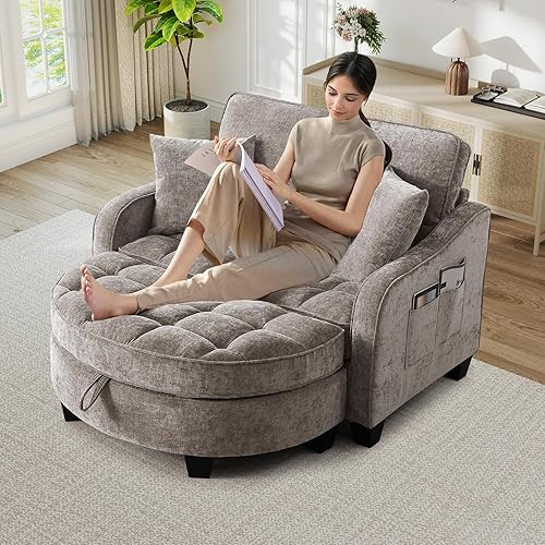 Miniatura 14 de Silla Chaise Lounge de Interior, Silla de Sofá de Chenilla de Gran Tamaño con Otomana de Almacenamiento y Respaldo Ajustable, Sofá Biplaza Cian