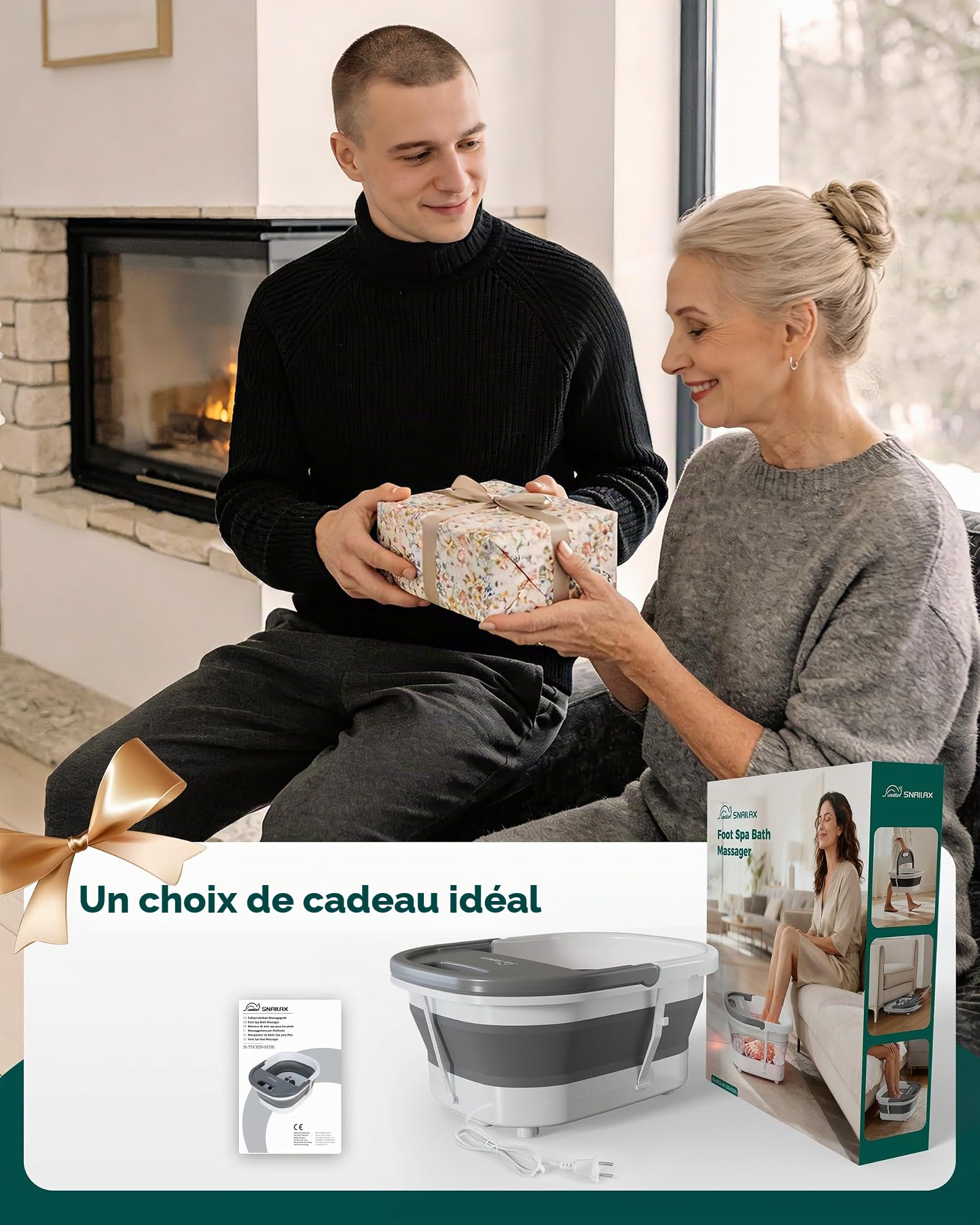 Snailax Bain de Pieds Massant Chauffant, Bain de Pieds Électrique Pliable avec Bulles et Massage Vibrant, Température Réglable de 25 à 42°C, Spa pour les Pieds, Cadeau pour Femme et Homme