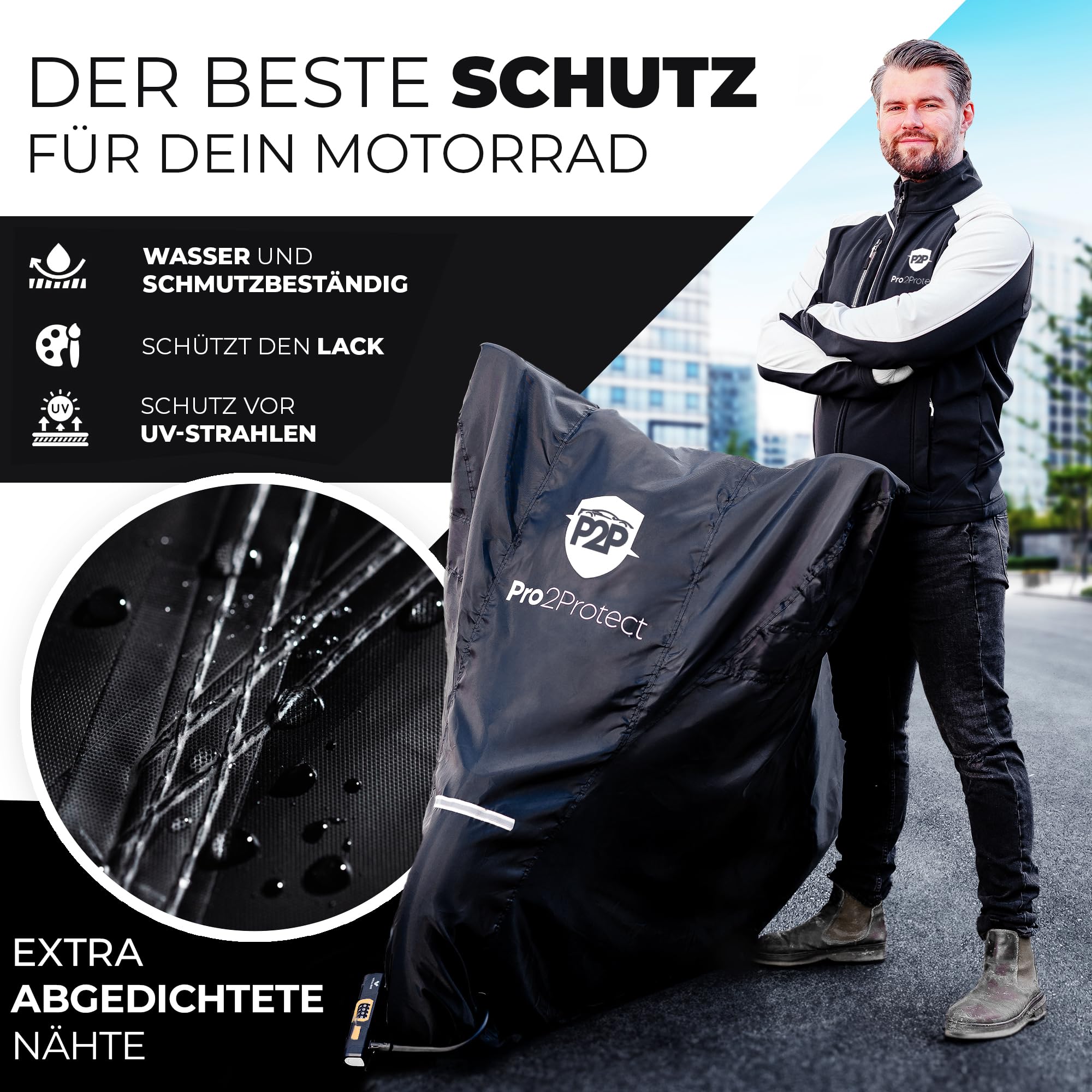 Pro2Protect Bâche de protection pour moto, noire, blanche, résistante aux intempéries, pour cyclomoteur, scooter, Vespa, 100 % étanche