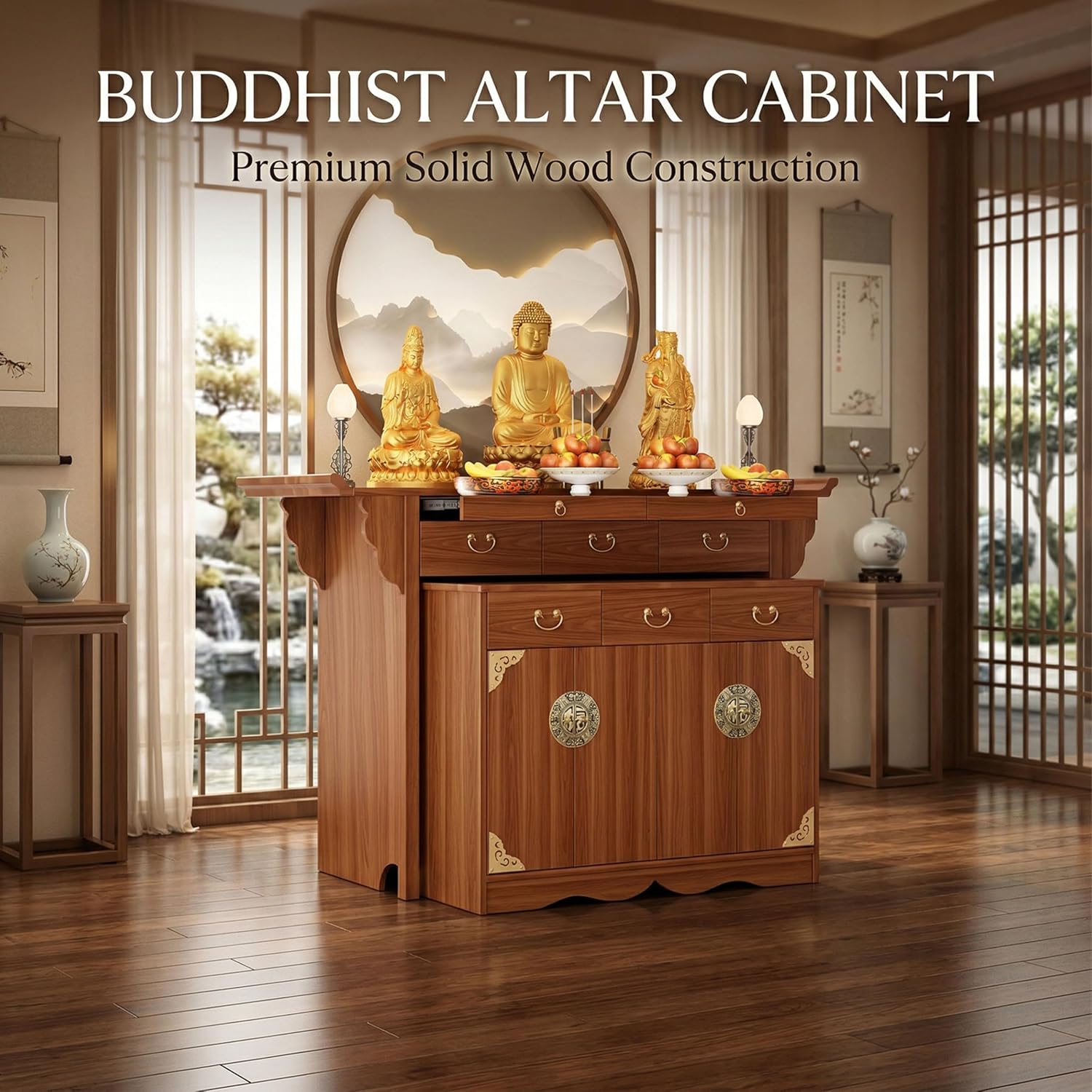 Altar Table Wooden with Storage, Large Pooja Tables with Doors & Pull-Out Worship Shelf, Buddhist Shrine Altar Table, Multi-Tier Design & Detachable Cabinet (Single Layer, 77" Lx27 W)