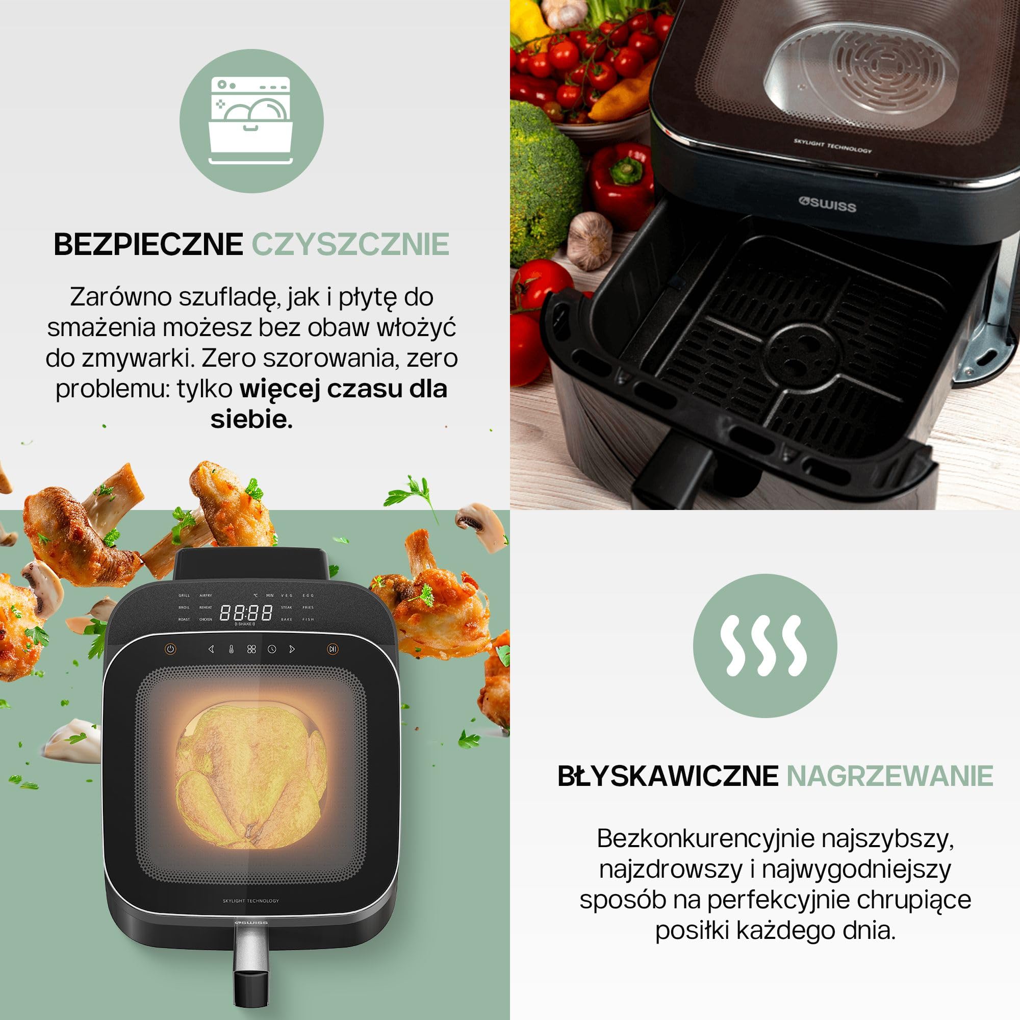 4SWISS Frytkownica Beztłuszczowa 6,5L z Okienkiem, Air Fryer XL 1700W, 12 Programów, Nagrzewanie 180°C w 1,44min, Łatwy w Czyszczeniu, Energooszczędny (ABB-025 Skylight)