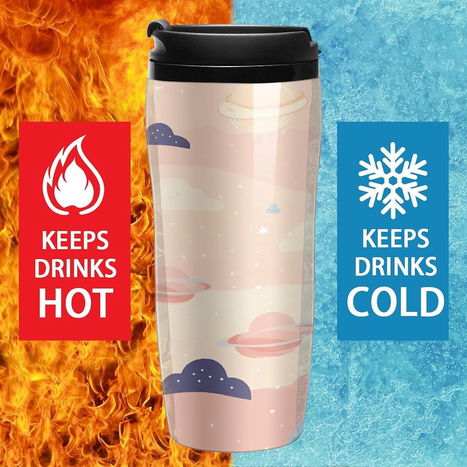 Innocent Artistic Elements Coffee Cup Reusable Portable Water Bottle with Double-Walled Plastic,Coffee Mug for Hot & Cold Drinks, Cup Holder Friendly 350ml