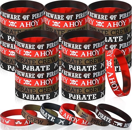 Miniatura 9 de Capoda 24 pulseras de silicona pirata Ahoy Matey Caribbean pulseras de goma calavera, barco pirata, recuerdos de fiesta para niñas y niños,