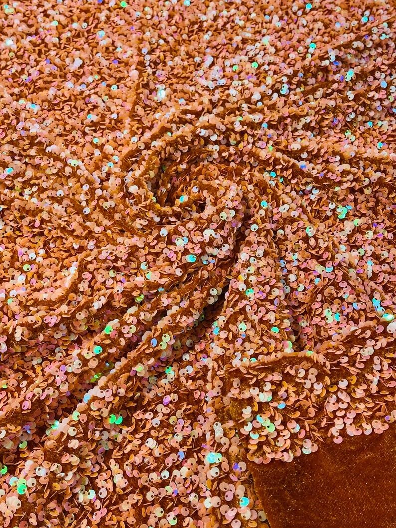 New Creations Fabric & Foam Inc, 54" Stretch Velvet with Luxury Sequins All Over 5mm Shining Sequins 2-Way Stretch (Orange, 1 Yard)