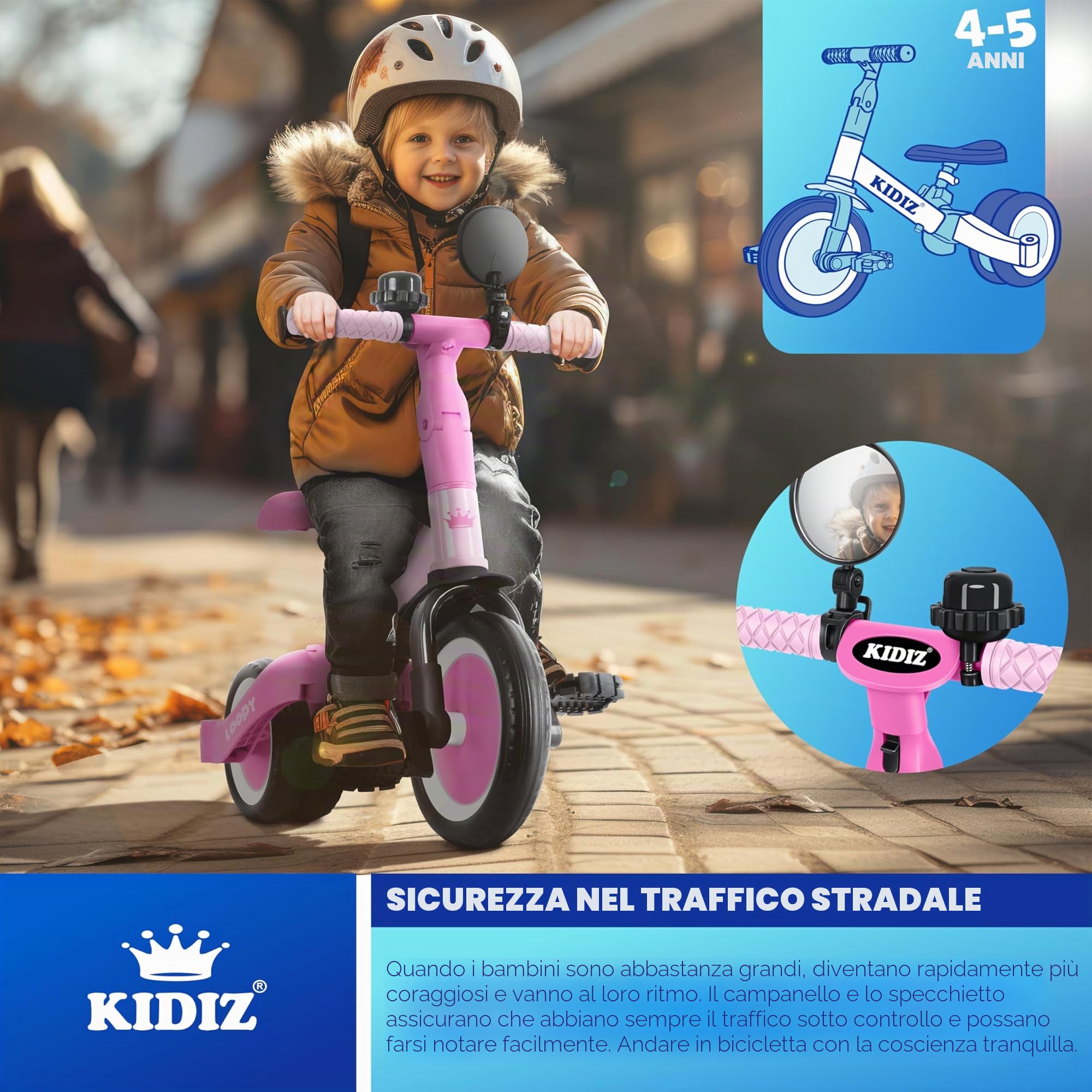 KIDIZ® 6in1 Balance Bike - Triciclo, Triciclo per Bambini, da 1 a 5 anni, capacità di carico fino a 25 kg, incl. Manubrio/Barra di sicurezza/Cintura di sicurezza/Campana e Specchio, Rosa