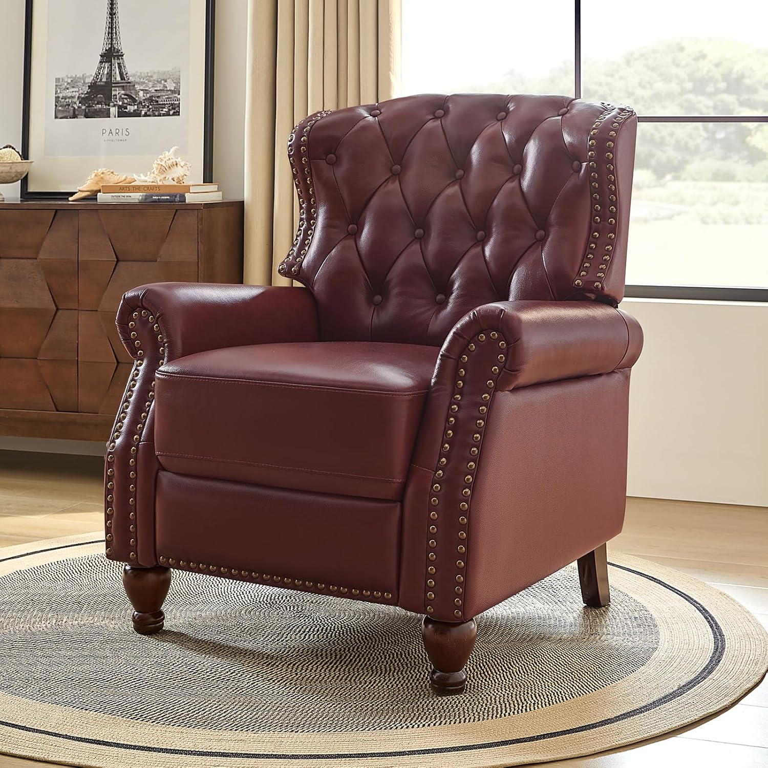 HULALA HOME Genuine Leather Recliner Chair with Solid Wood Feet, Modern Adjustable Tufted Push Back Arm Chair w/Rivet Decoration, Home Theater Seating Single Reclining Sofa for Living Room, Burgundy