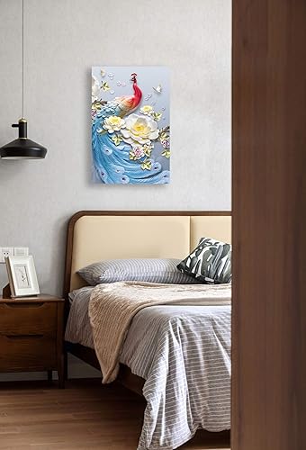 Miniatura 148 de Looife Lienzo decorativo para pared de pavo real, 16 x 32 pulgadas, pájaros verde azulado con flores, decoración de pared para decoración de DW148