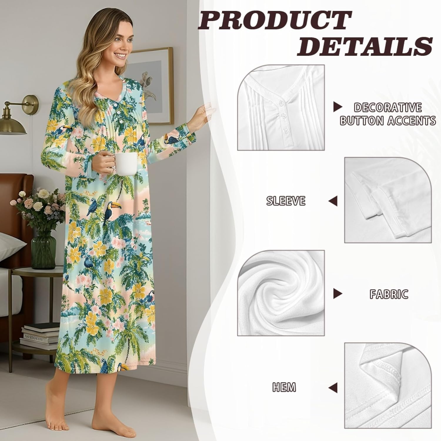 Womens Sleepshirt Nightgown Oversized Lightweight Long Sleeve Full Length House Lounge Sleep Dress For Women