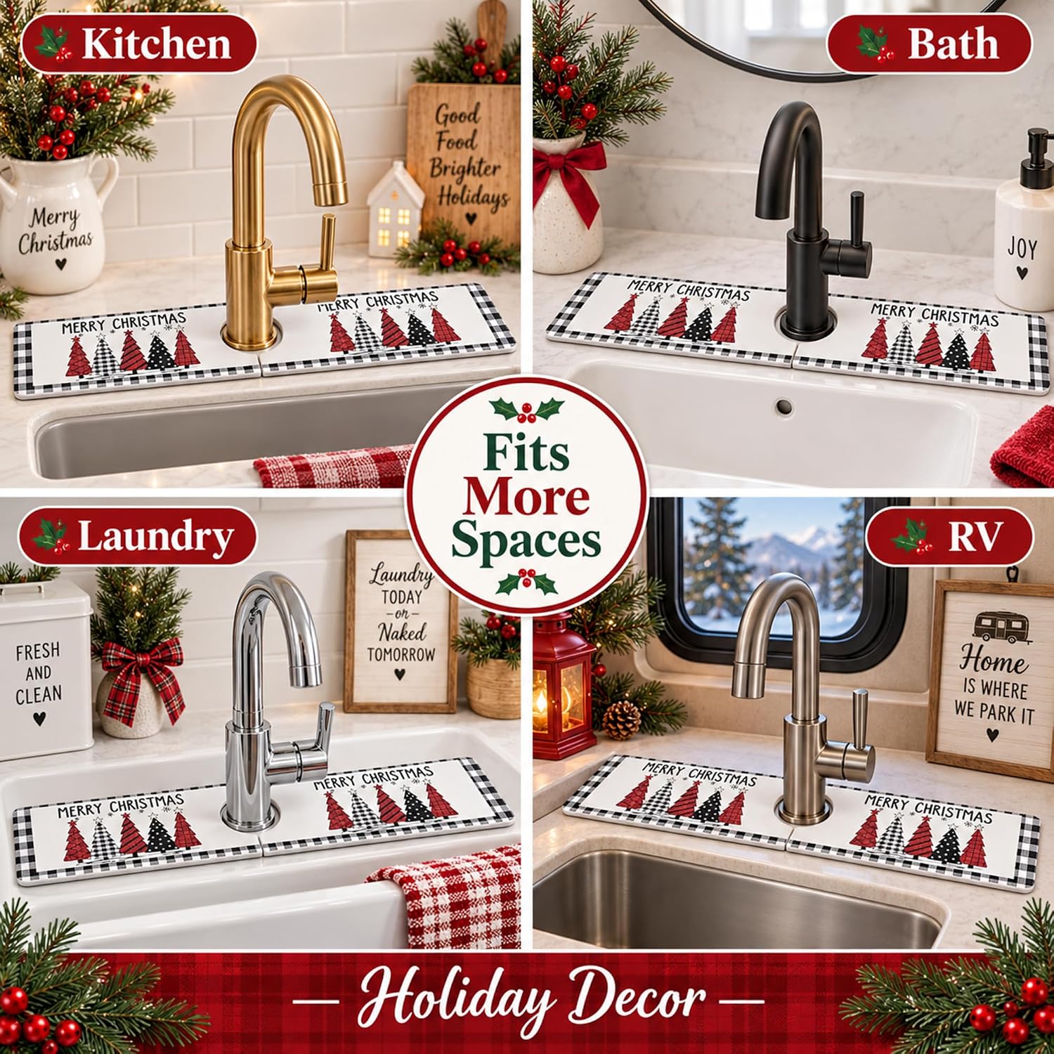 Christmas Stone Faucet Mat for Kitchen Sink 23.6" x 3.9", Plaid Tree
