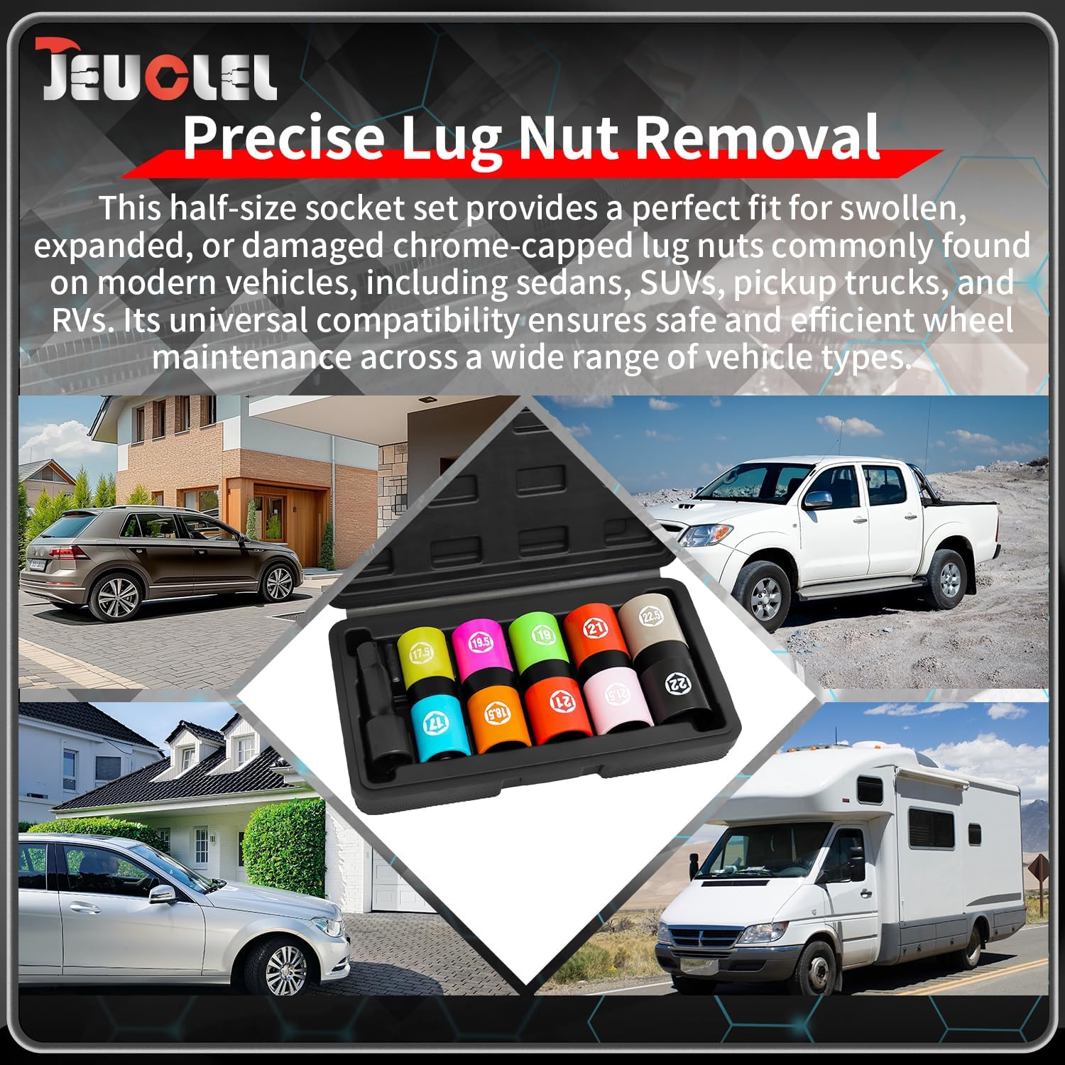 7PCS 1/2" Drive Half Sizes Lug Nut Socket Set, Thin Wall Impact Flip Sockets with Extension Bar Knockout Rod, 6 Point Non-Marring Thin Wall Double Ended for Removing Damaged Lug Nuts