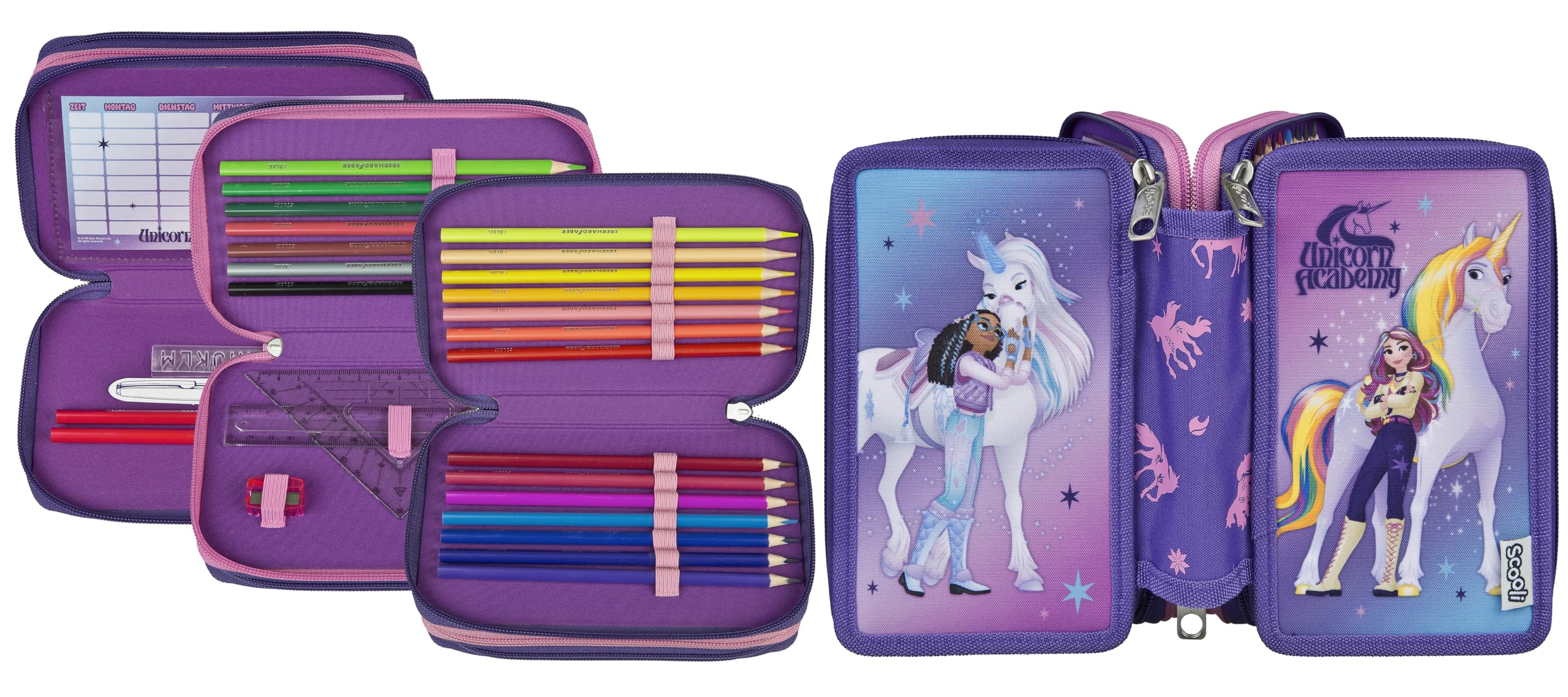 Scooli Tripledecker Unicorn Academy – piórnik szkolny z trzema komorami z kredkami i wysokiej jakości akcesoriami – idealny do szkoły i na czas wolny – od 6 lat