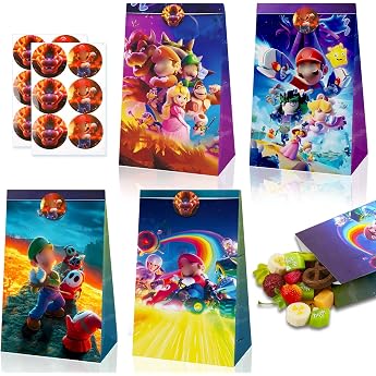 Super Gift Bags Bros 12 Pieces Mari Paper Bags 12 Stickers Children's Gift Bag Birthday Party Bag Children's Birthday Party Candy Bar Candy Bags Gifts Giveaways for Party Supplies
