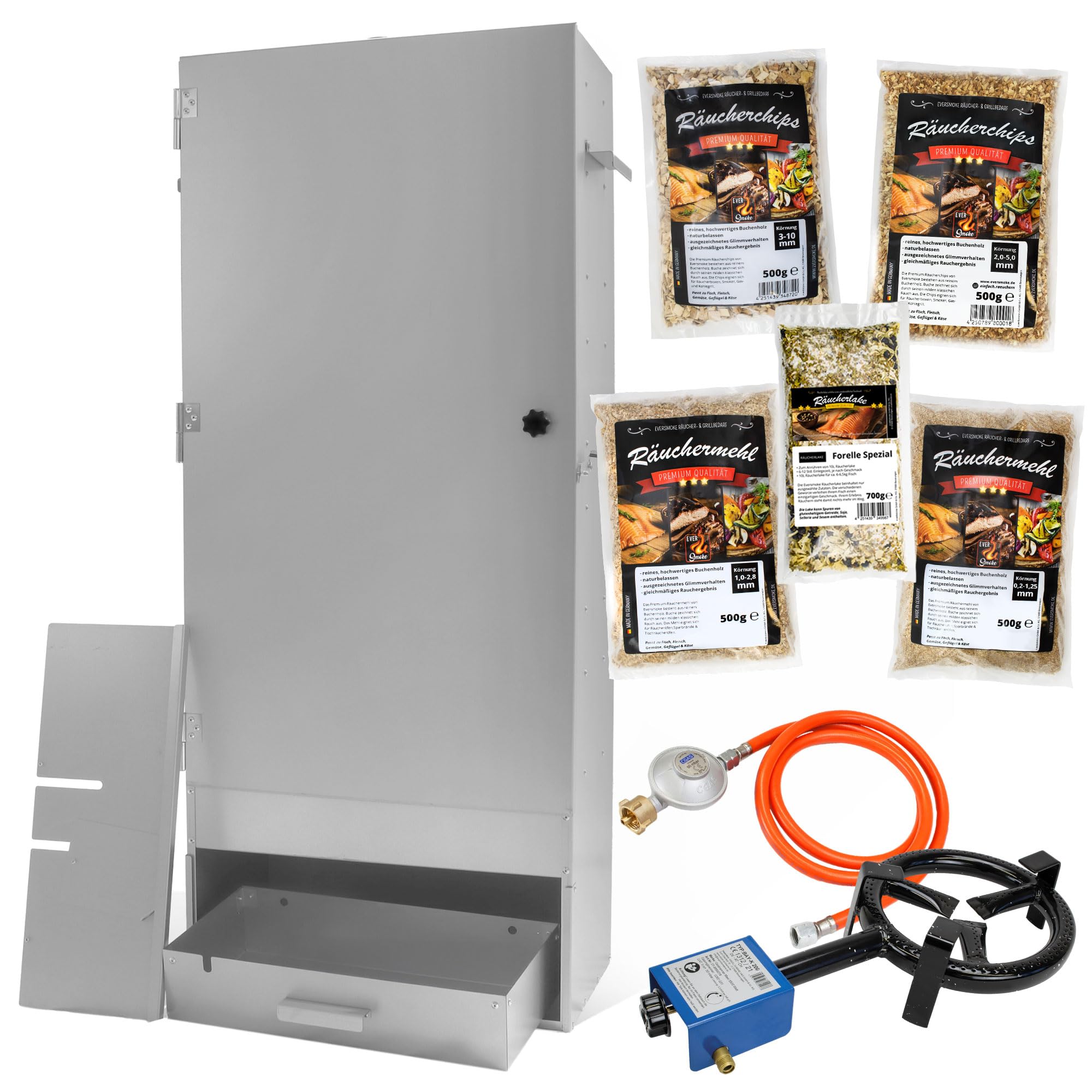 Räucherofen Jumbo 110 Pro II Starter Set – galvanisierter Stahl, große Räucherkammer, inkl. Thermometer, Haken, Körbe, Tropfblech & Feuerschale (Starterset + Gasbrenner)
