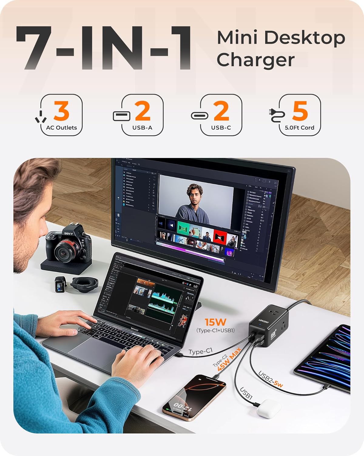 LENCENT Charging Station in a desktop setup, showing 7-in-1 multi-device charging