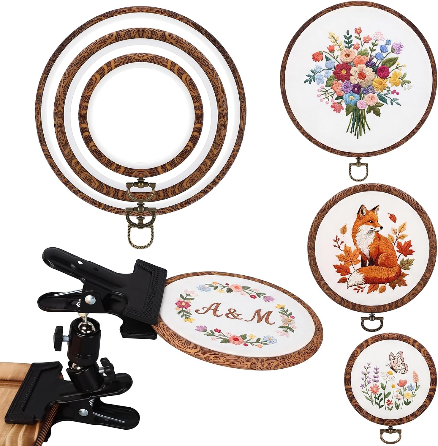 ElaraBerry 3 Embroidery Hoops with Adjustable Desk Clamp Beech Wood Decoration Embroidery Hoop Frame Hoops Stand for Cross Stitch Needlework DIY Craft Gift for Hobbyists(3"/5.5"/8.6",Round)
