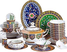 Conjunto de jantar fino, conjunto de jantar de cerâmica com 50 peças de louça esmaltada de luxo da porcelana de osso | Pote de sopa/prato/tigela - Conjunto de combinação de porcelana