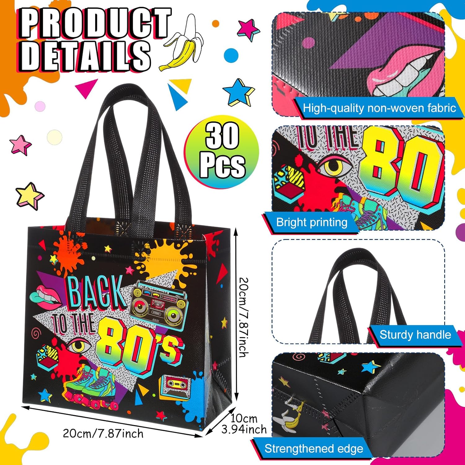 Blosssound 30 Pcs 80s Party Favor Bags Bulk Back to the 80's Nonwoven Gift Tote Bags Hip Hop Candy Goodie Treat Wrapping for Retro 1980s Theme Neon Disco Rock Hippie Birthday Party Supplies Decoration - Image 2