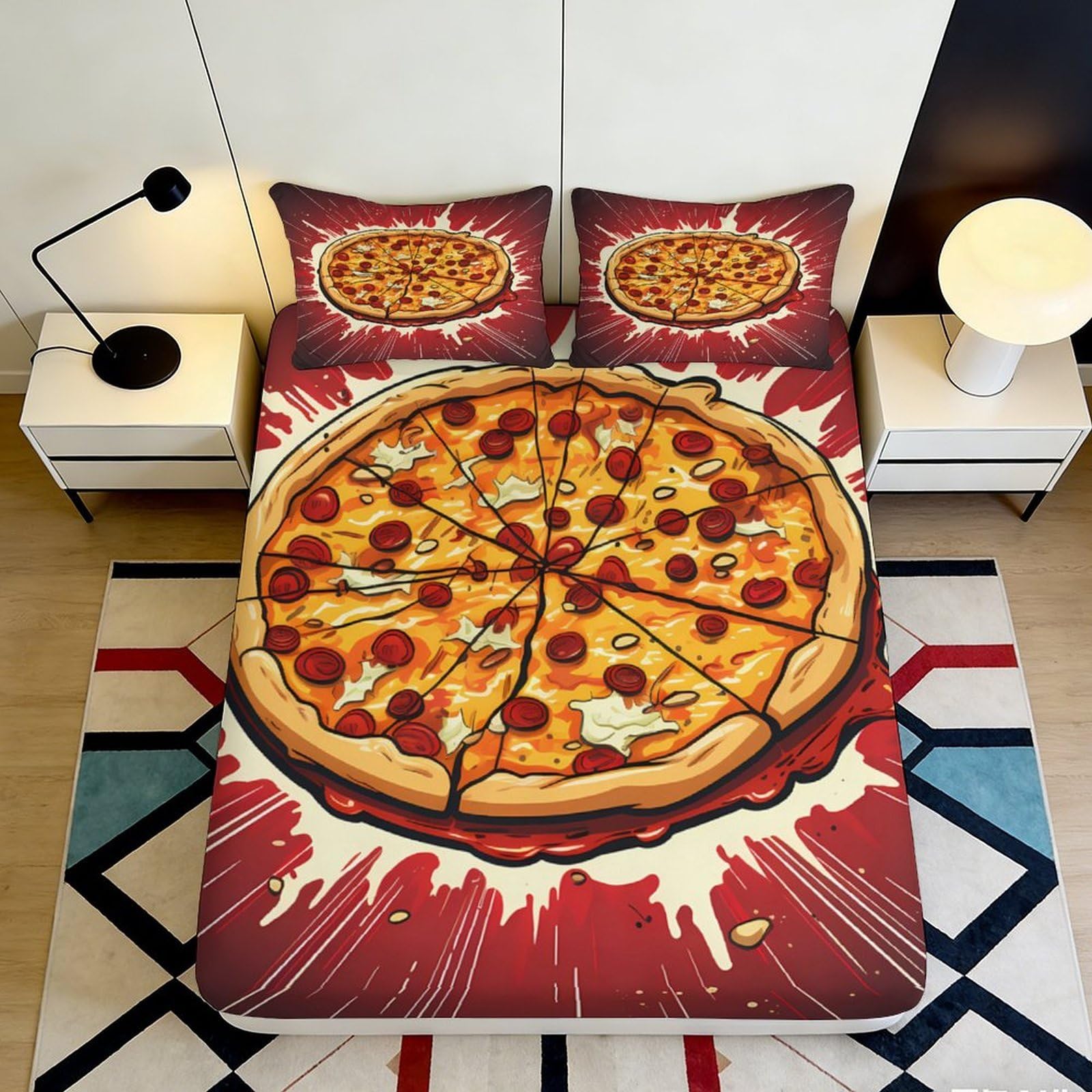 3D Printed Pepperoni Pizza Fitted Sheet Microfiber Soft Breathable Cheese Slice Bed Cover for Bedroom Dorm Decor 90x200x25cm