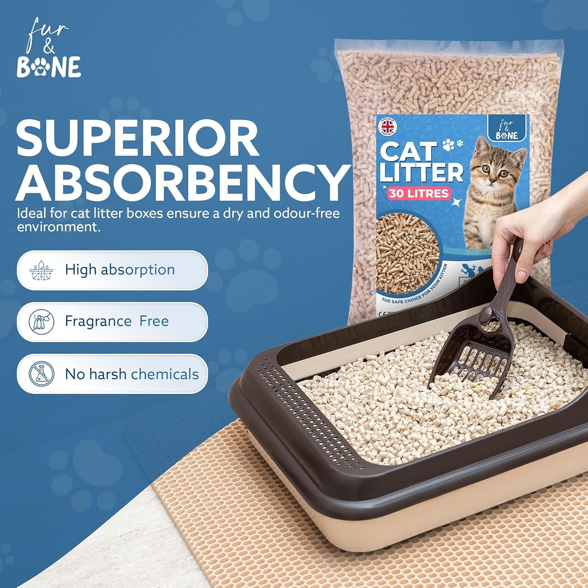 Fur & Bone 1 x 30L Cat Litter - Ultra Absorbent Biodegradable Wooden Pellets, Natural Scent, Odour Control, Soft Bedding for Comfort, Made from Virgin Wood - Unscented — view 3
