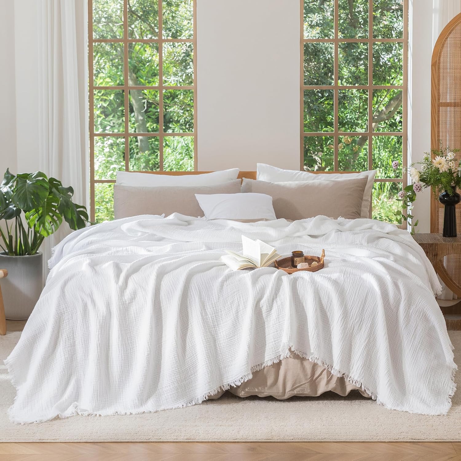 MooMee Muslin Blanket - 100% Cotton 4-Layer Gauze Throw Blanket with All-Around Fringe, Ultra-Soft Breathable Lightweight Cooling Decorative for Bed, Sofa & Couch (Olive Green,Throw XL 50" x 70")