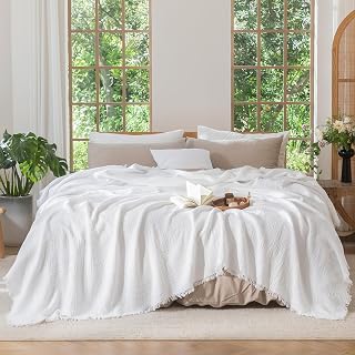 MooMee 100% Cotton Muslin Blanket Fringed 4-Layer Gauze Bed Throw, Queen