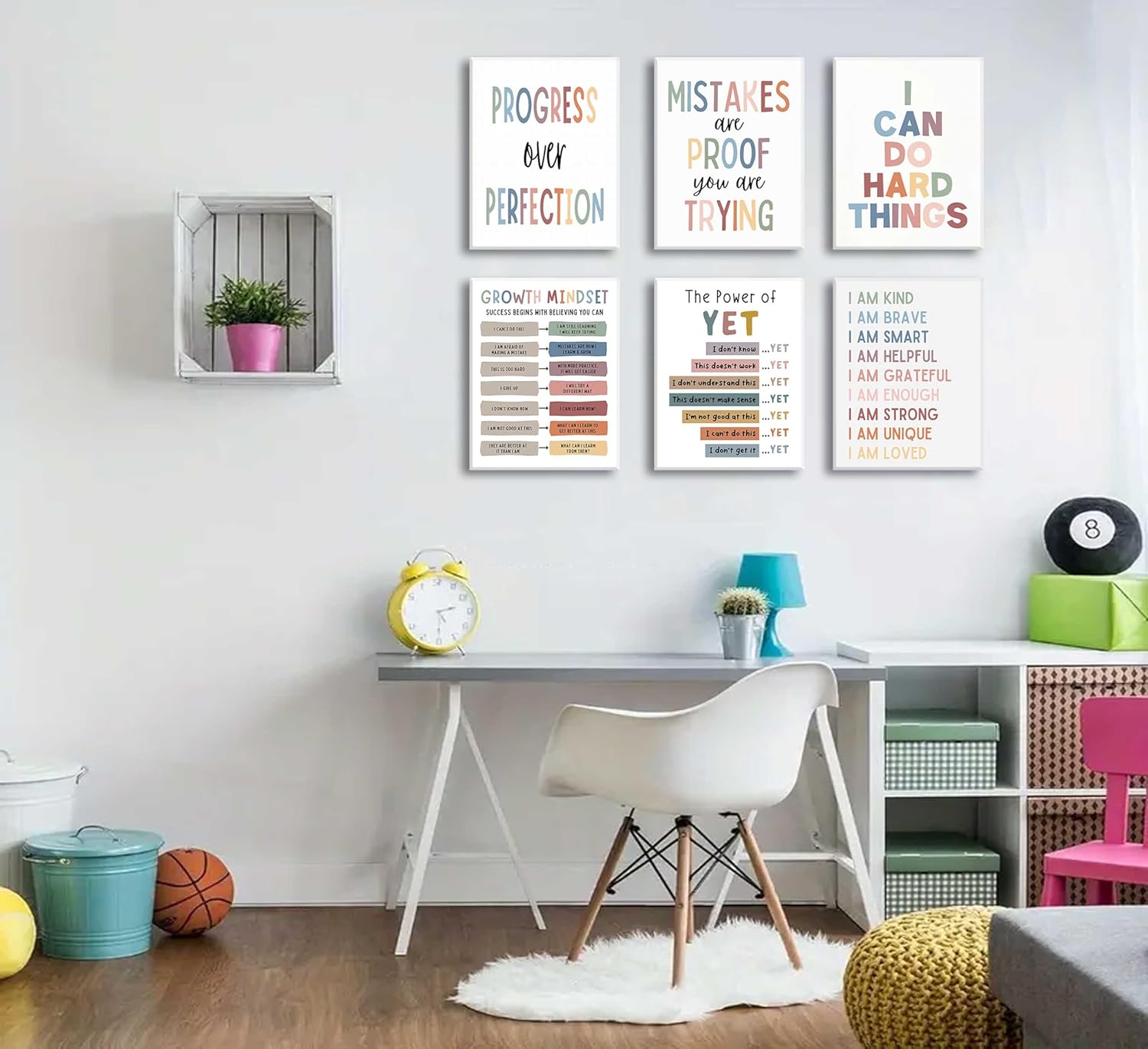 6Pcs Educational Growth Mindset Canvas Wall Art Kids Mental Health Therapy Paintings Positive Affirmations Wall Decor Boho Motivational Quotes Posters Prints for Nursery Classroom Pictures Framed