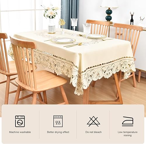 Miniatura 4 de Wolkemer Elegante mantel rectangular grande de jacquard con flores grises bordadas de encaje marfil para el hogar, sala de estar, comedor, cocina,