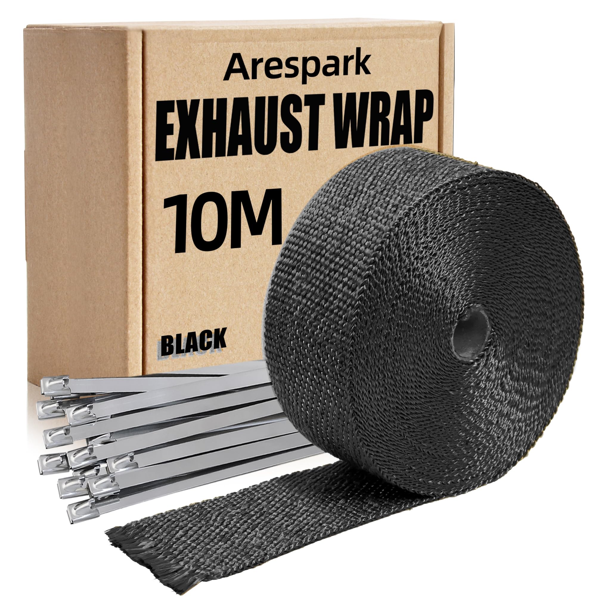 Arpark, nastro di scarico termico, 10 m, nero, fibra di vetro, con 10 fascette in acciaio inox, isolamento termico per auto e moto, collettore di scarico per camino, stufe a legna e stufe da campeggio
