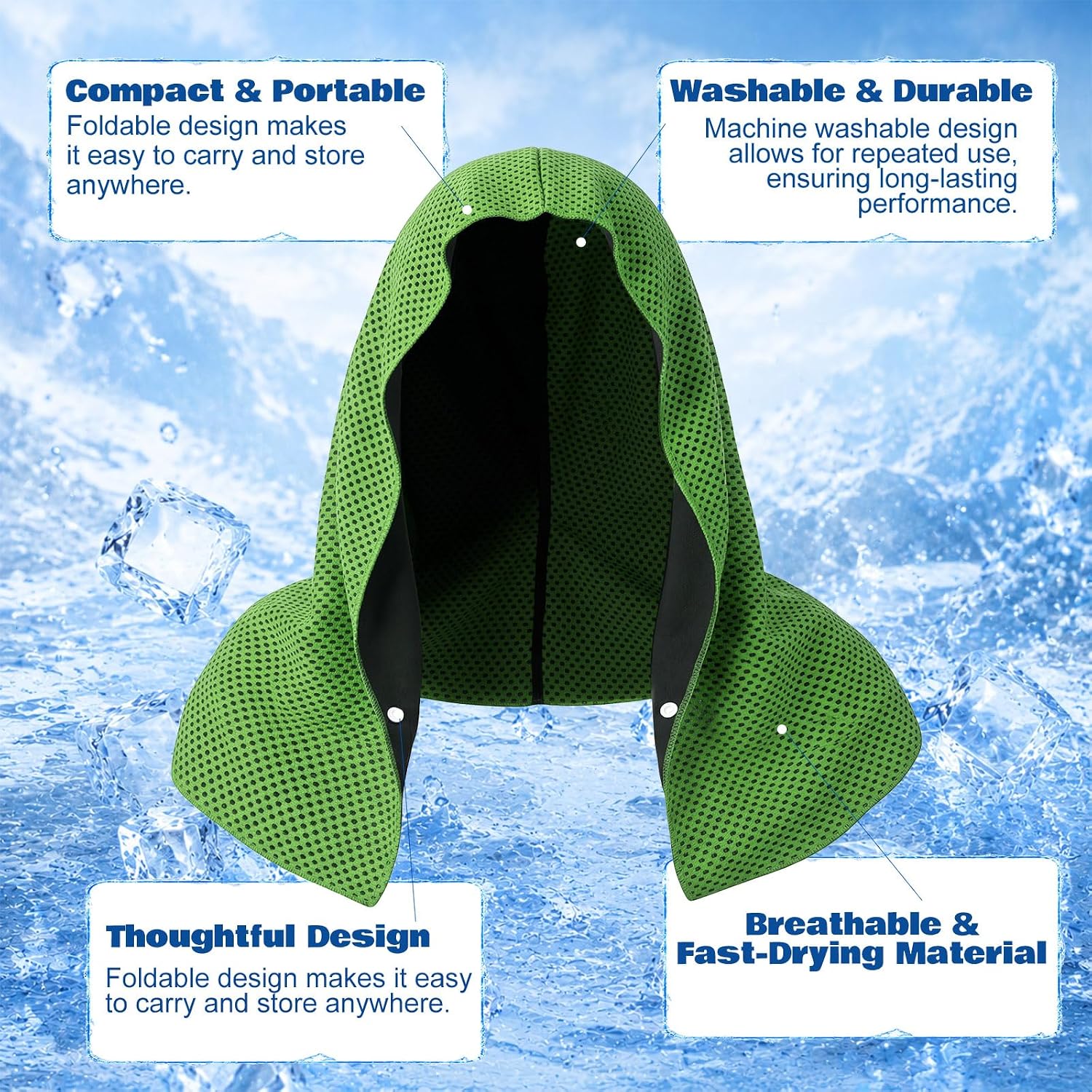 Honoson 12 Pcs Cooling Hoodie Towel Set, 6 Double-Layer Cooling Head Wrap & 6 Flat Ice Towels UPF 50+ Sun Protection Breathable Neck Face Towels Bulk for Hot Weather Sports Running(Green)