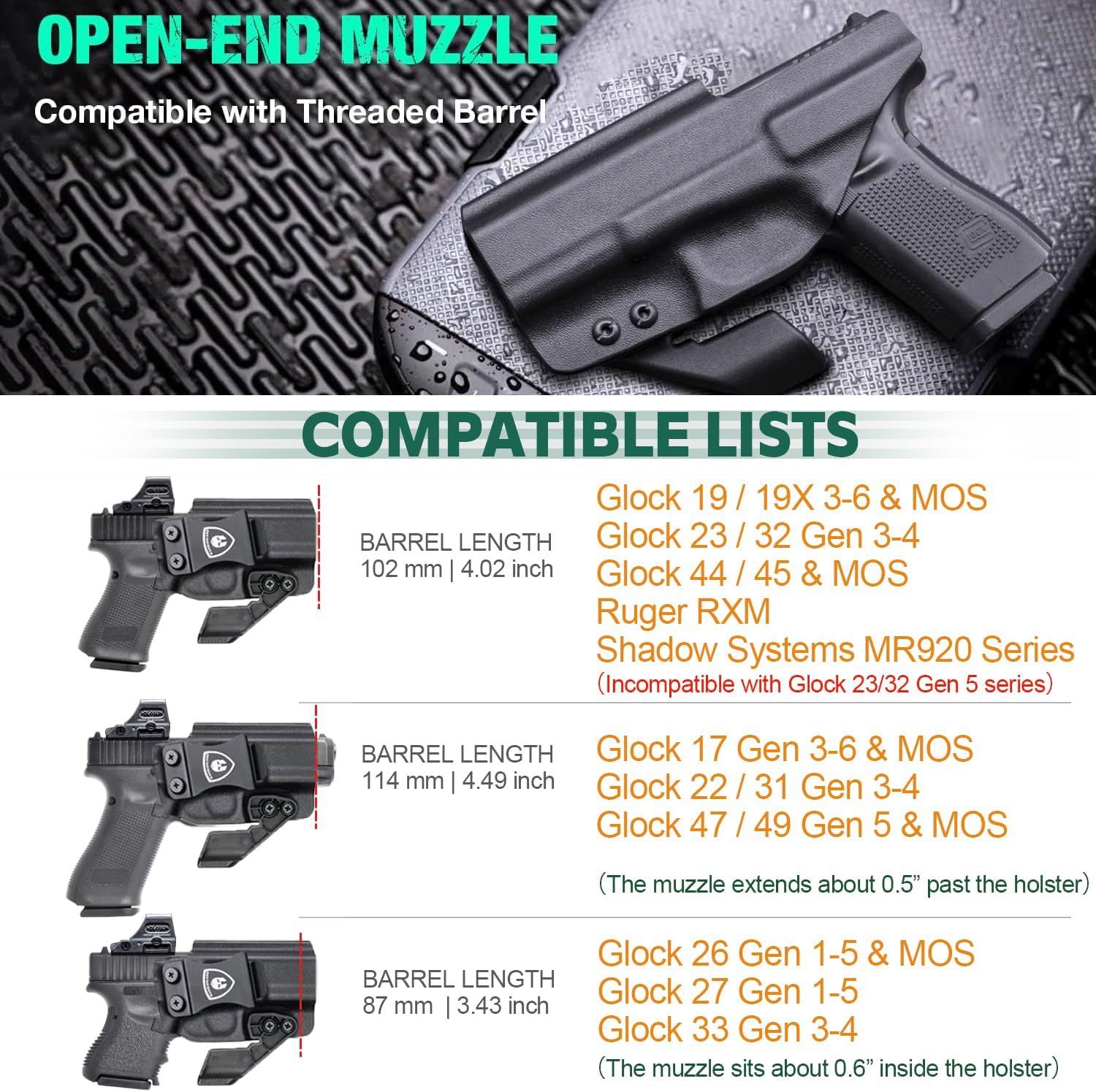 WARRIORLAND IWB Kydex Holster Optic Cut &Claw, Select Fit Glock 17/19/ 19X/ 43X/ 26/MOS, P365/P365X/ P365XL/ P320, Hellcat Pro/Echelon/Hellcat, Bodyguard 2.0, G2C/G3C, Shield Plus/EZ, M&P 9/.40 &More