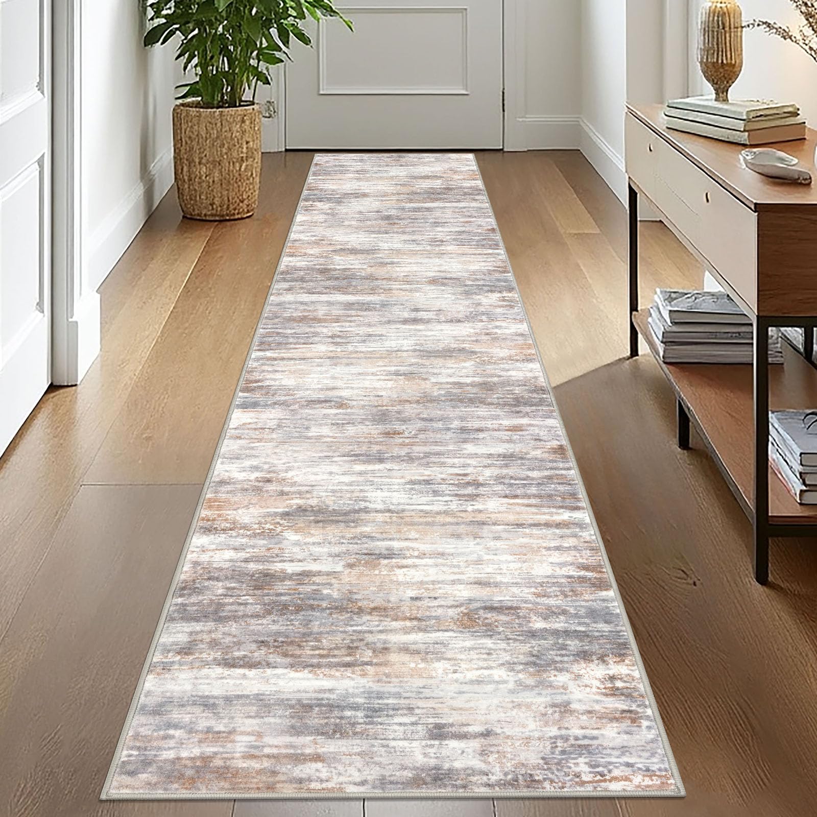 KOZYFLY Modern Abstract Runners for Hallways 2x10 Washable Rug Runner Non-Slip Soft Striped Kitchen Runner Rug, Multi Grey Print Carpet for Entryway Bathroom Laundry Room Foyer