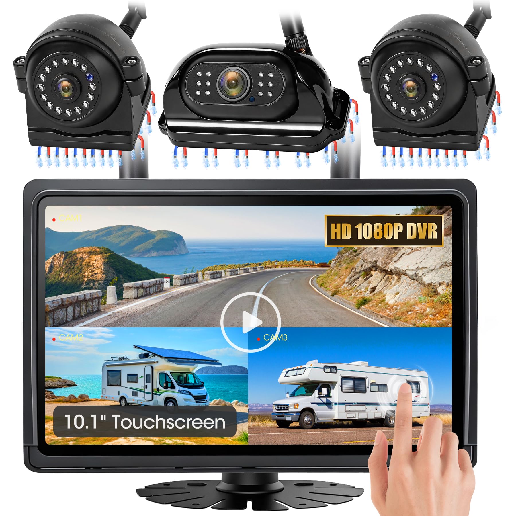 WOOCARTY 10.1-inch 3-camera magnetic wireless RV backup camera system