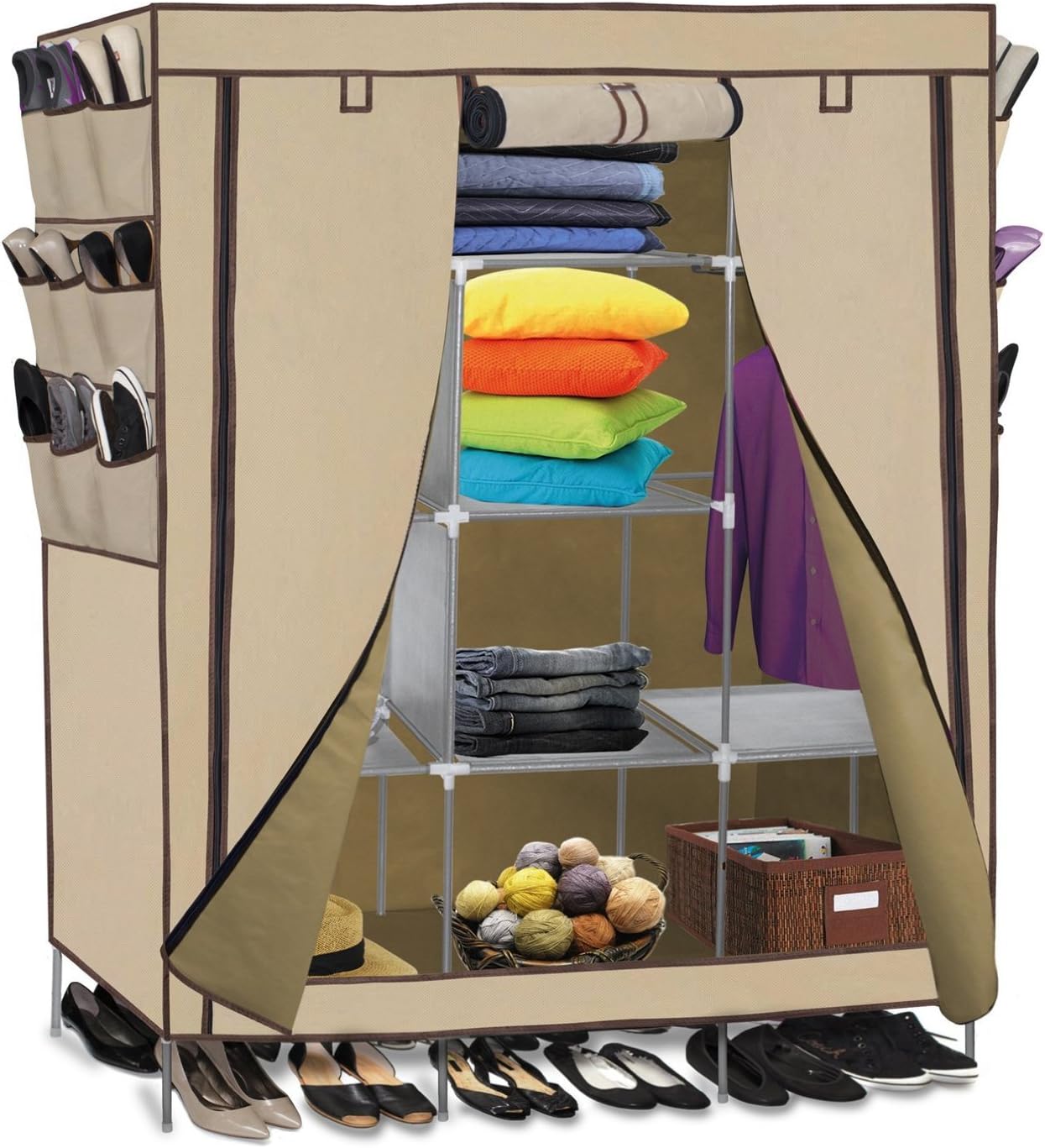 NuLink 69" Portable Closet Storage Organizer Clothes Wardrobe with Shoes Rack Shelves [Beige, 69" (L) x 51: (W) x 17.5" (D)]