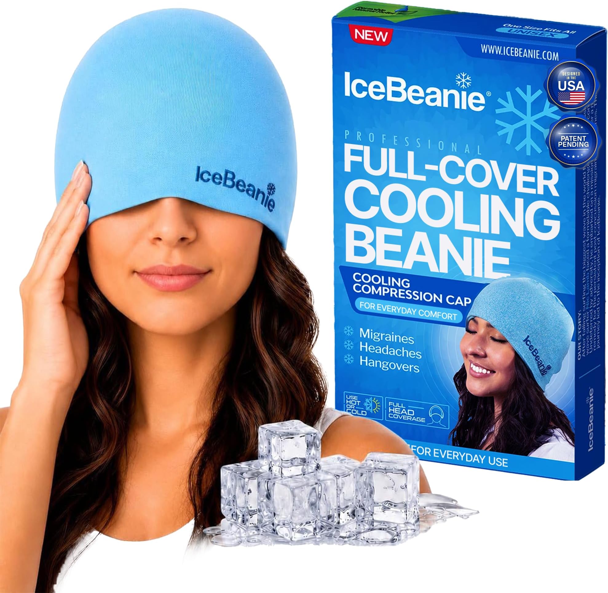 Migraine Relief Cap, Full Head Coverage Hot & Cold Gel Hat, Blue