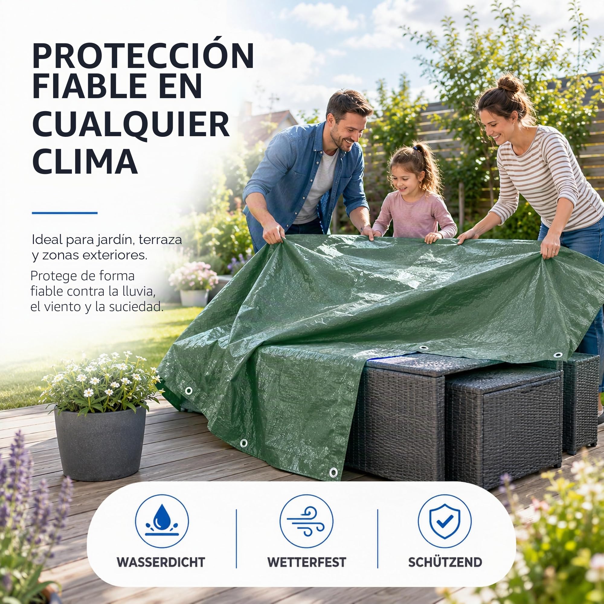 Lona de protección y Lona de 3x4 m, Verde, Lona de jardín y Lona Multiusos Impermeable, 150 g/m², Verde, con Ojales para Base de Tienda de campaña, Lona para Tienda de campaña y Camping