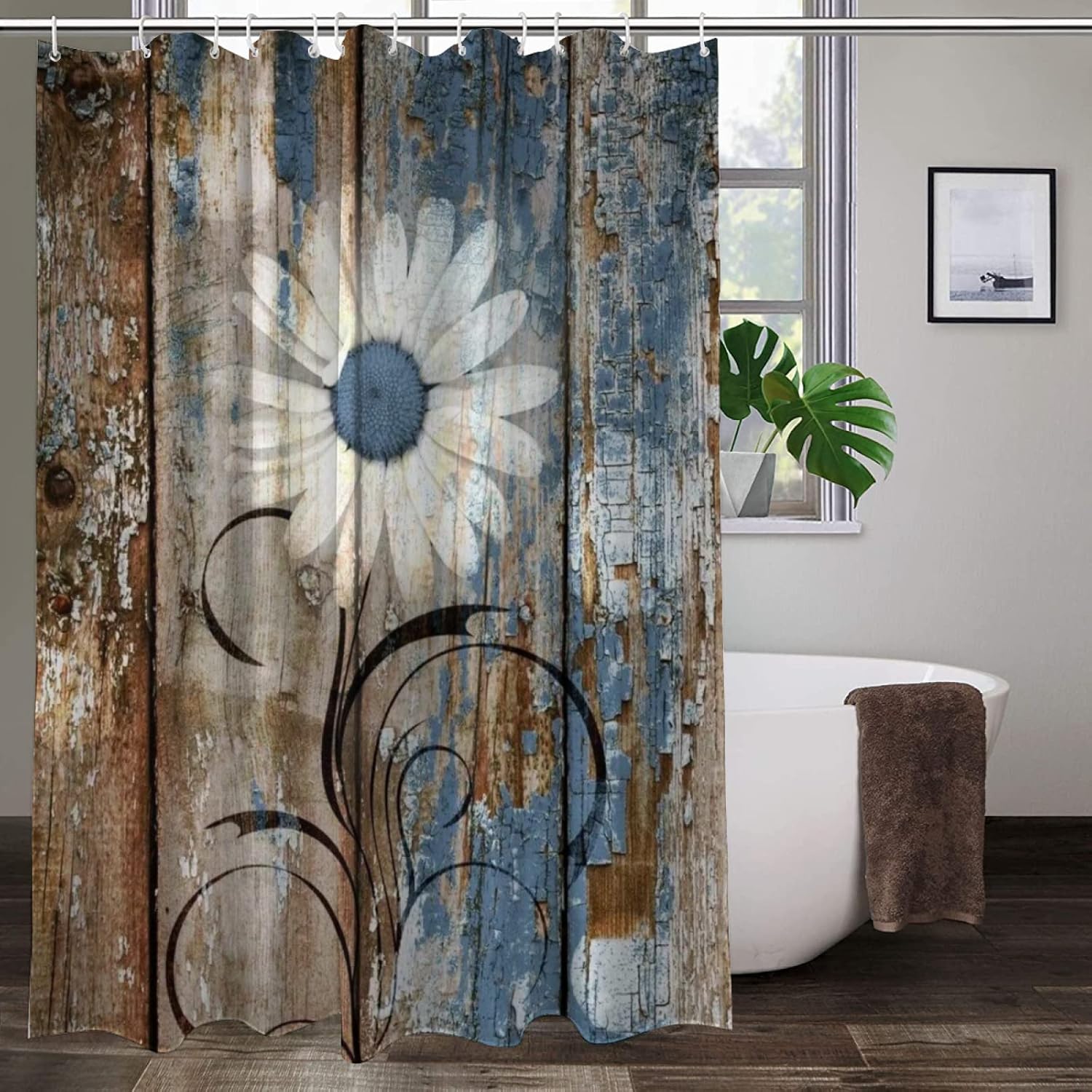 Gerrit Rustic Daisy Shower Curtains,Funny Blue Floral Farmhouse Shower Curtains for Bathroom, Bathroom Shower Curtain Sets Waterproof Fabric Decor,with 12 Hooks （72x72inch）, Stylegerrit1