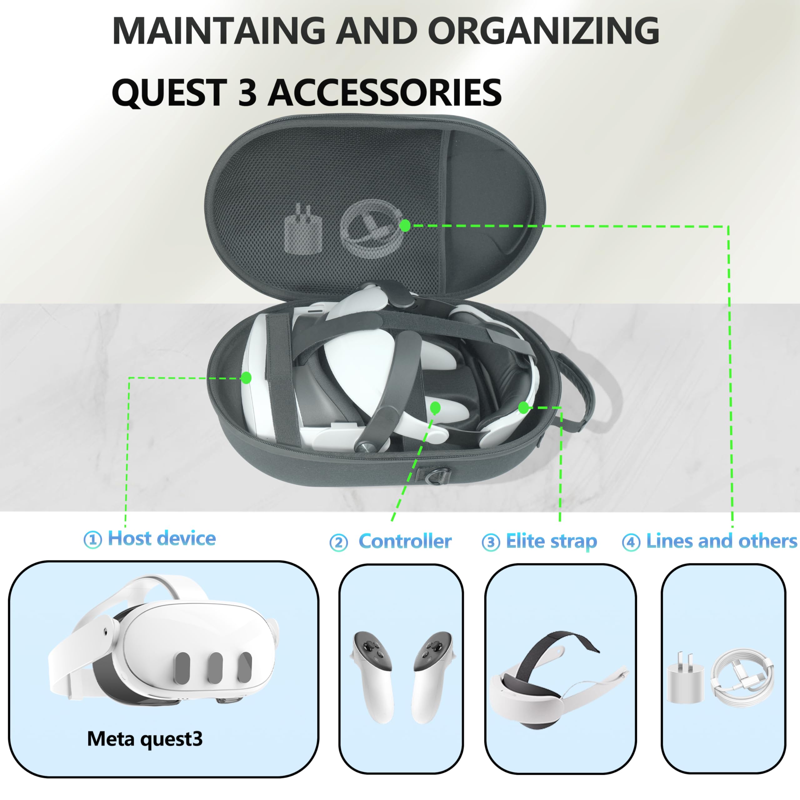 VR Headset Carrying Case, Portable Storage Bag for Meta. Quest 3/ Pico 4 Ultra, with Handheld and Shoulder Straps, Travel case for VR, Controller, Elite Strap and Accessories
