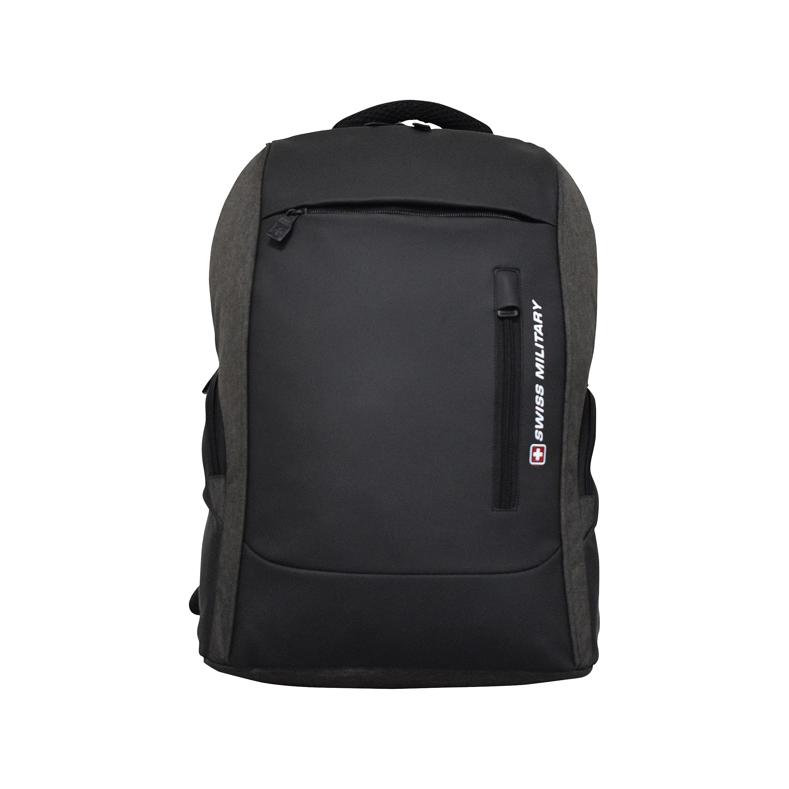 Swiss Military Jackpot Backpack with 15.6" laptop compartment and multiple compartments, anti-theft features, USB port, comfortable straps, and rubberized feet for stability.