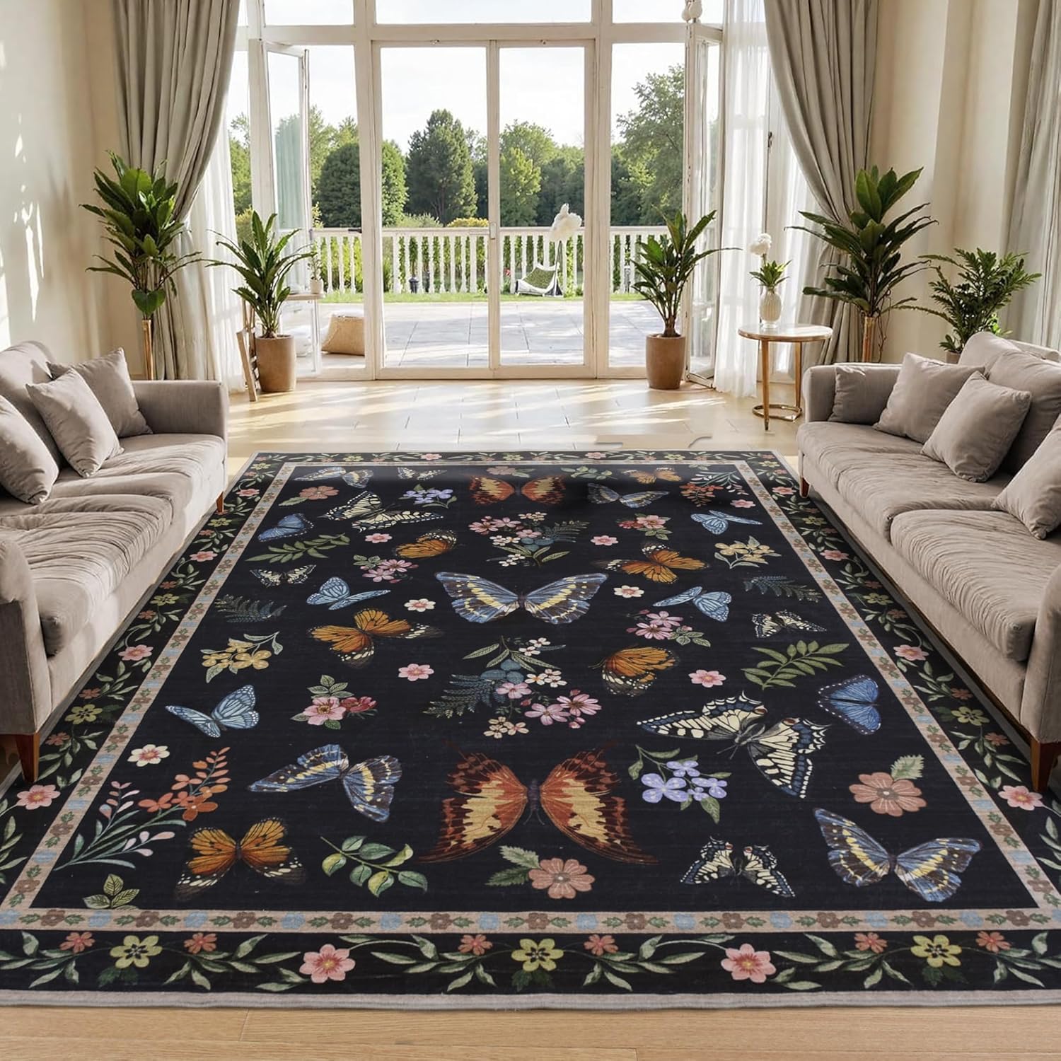 8x10 Area Rugs for Living Room Insect Print Washable Rugs 8x10 Boho Bedroom Rugs Low Pile Lightweight Large Carpet Rug for Dining Room Office Playroom Nursery Black